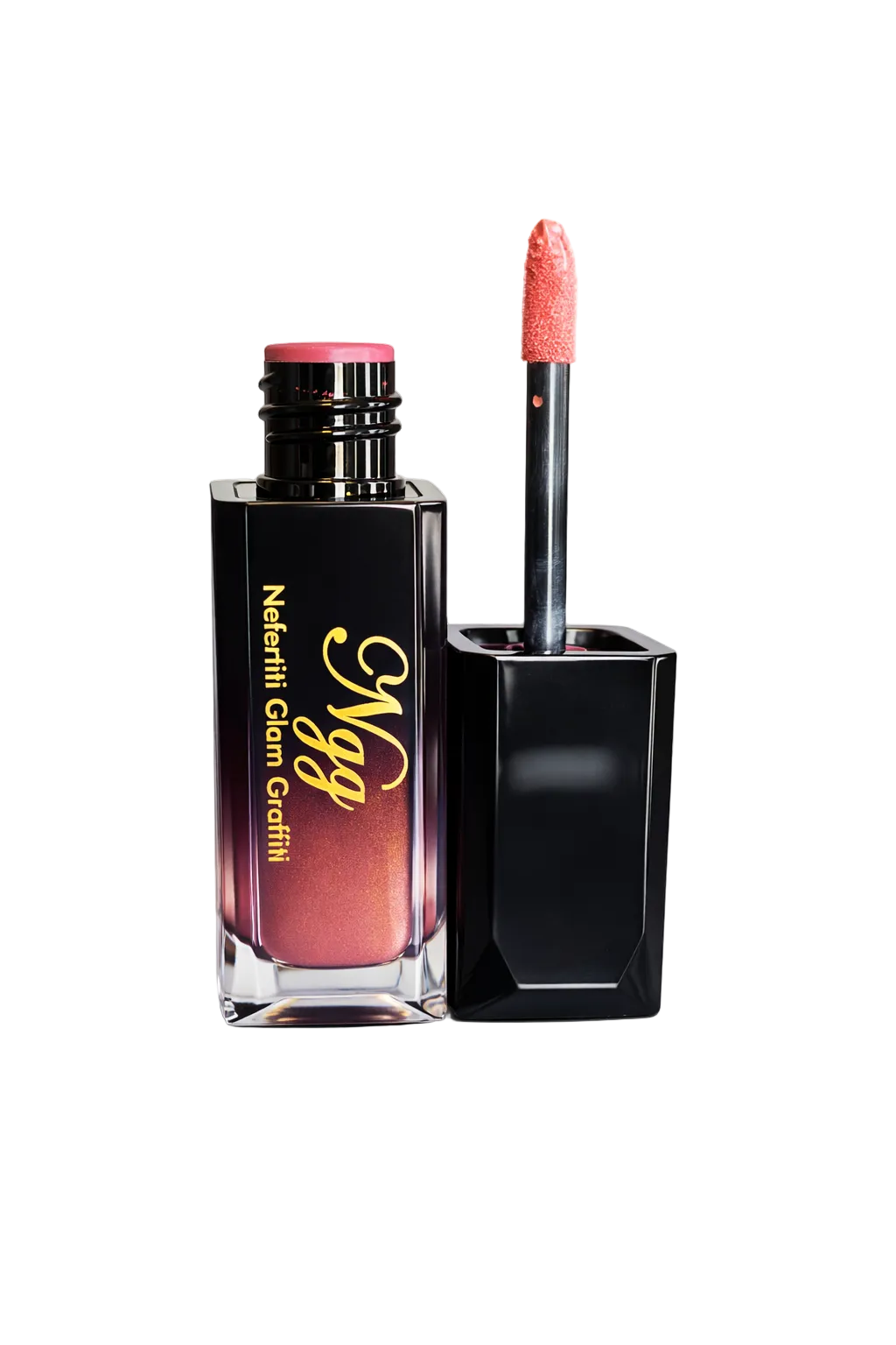 Lipstick with applicator and case on a white background